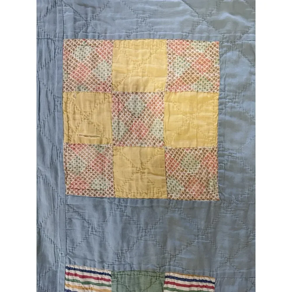 Vtg CottageCore Hand sown Patchwork Quilt 78x94 Reversible Yellow Distressed